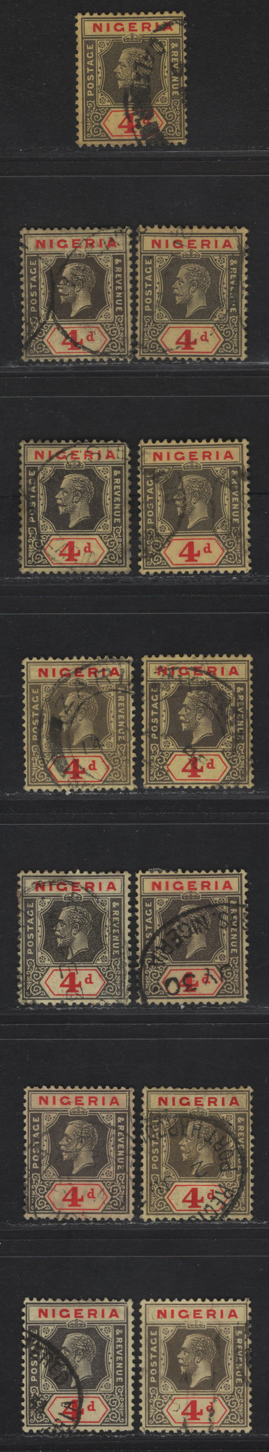 Lot 211 Nigeria SG#24-a 4d Gray Black & Red - Black & Red King George V, 1921-1932 KGV Imperium Keyplate Issue, Wmk Multiple Script CA, 7 Fine/Very Fine Used Singles, Various Shades, Papers & Dies