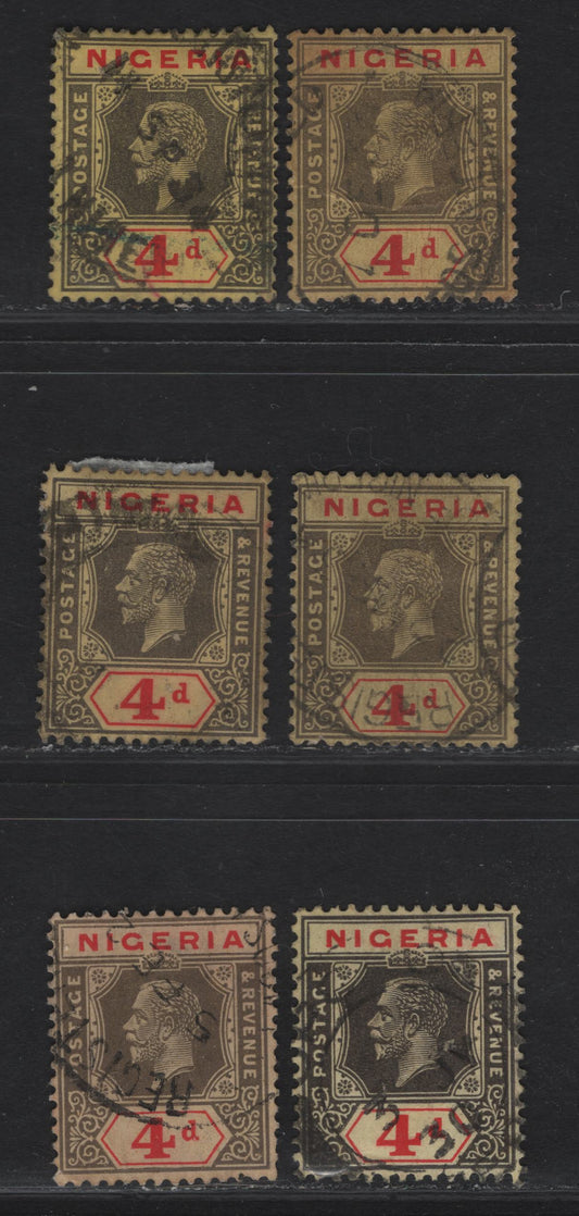 Lot 212 Nigeria SG#24-a 4d Gray & Red King George V, 1921-1932 KGV Imperium Keyplate Issue, Wmk Multiple Script CA, 6 Very Fine Used Singles, Various Shades, Papers & Dies