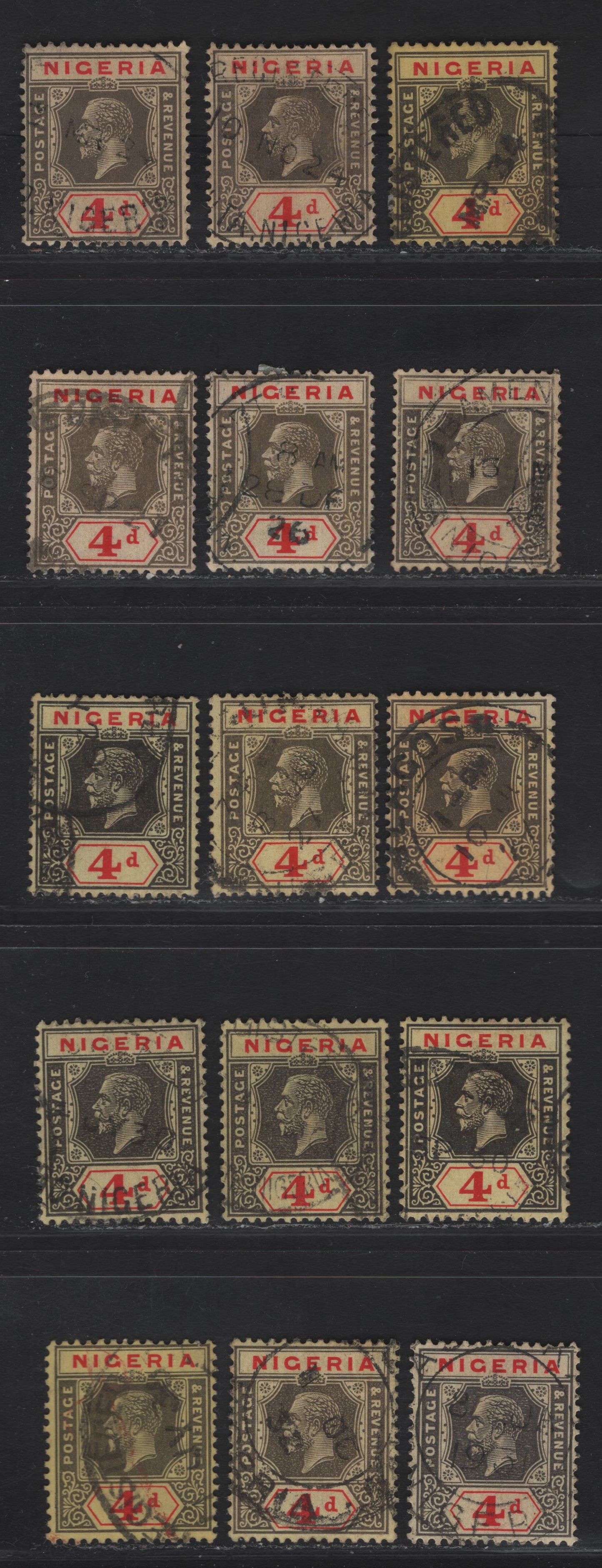 Lot 213 Nigeria SG#24-a 4d Black & Red - Gray & Red King George V, 1921-1932 KGV Imperium Keyplate Issue, Wmk Multiple Script CA, 14 Fine/Very Fine Used Singles, Dated Examples With Dates From 1924-1938, Dies 1 & 2