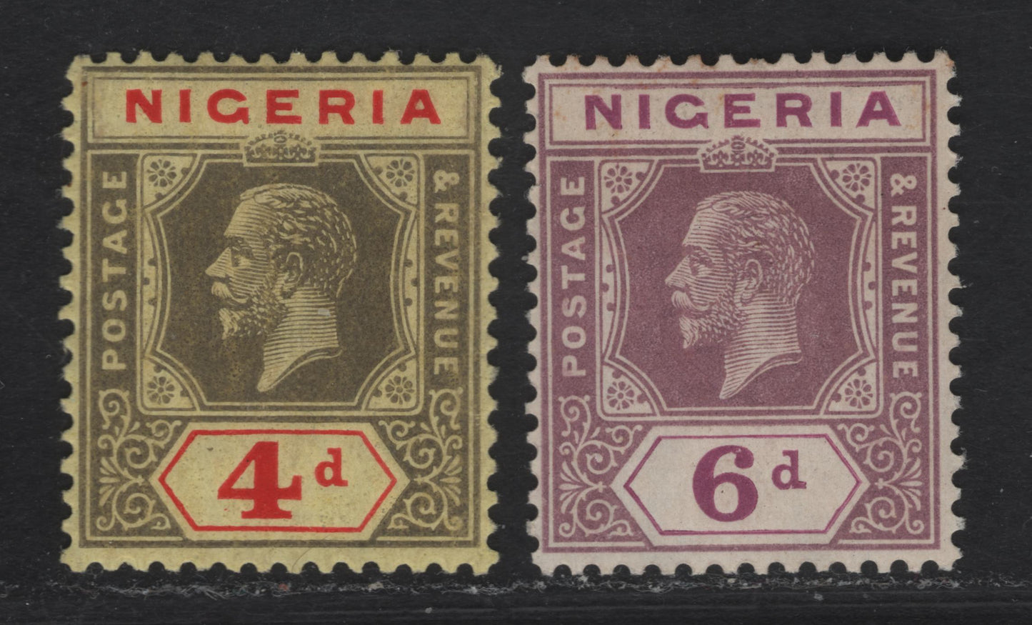Lot 214 Nigeria SG#24-25 4d - 6d Gray & Red - Bright Purple & Dull Reddish Purple King George V, 1921-1932 KGV Imperium Keyplate Issue, Wmk Multiple Script CA, 2 FNH Singles, Die 2