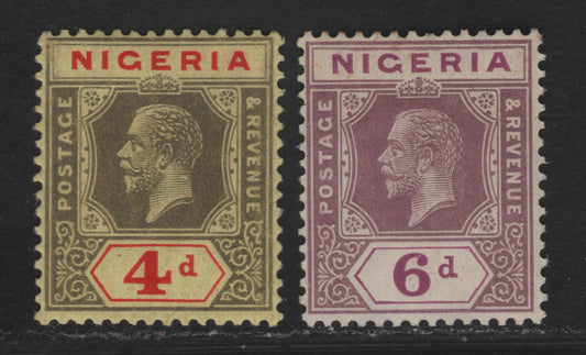 Lot 214 Nigeria SG#24-25 4d - 6d Gray & Red - Bright Purple & Dull Reddish Purple King George V, 1921-1932 KGV Imperium Keyplate Issue, Wmk Multiple Script CA, 2 FNH Singles, Die 2