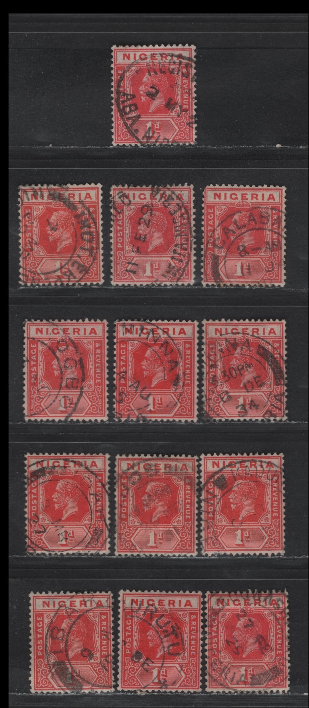 Lot 167 Nigeria SG#16b 1d Rose Red - Deep Red King George V, 1921-1932 KGV Imperium Keyplate Issue, Wmk Multiple Script CA,  Fine/Very Fine Used Singles, Better Town/Village Cancellations That Are Not The Most Common Ones Or Lagos