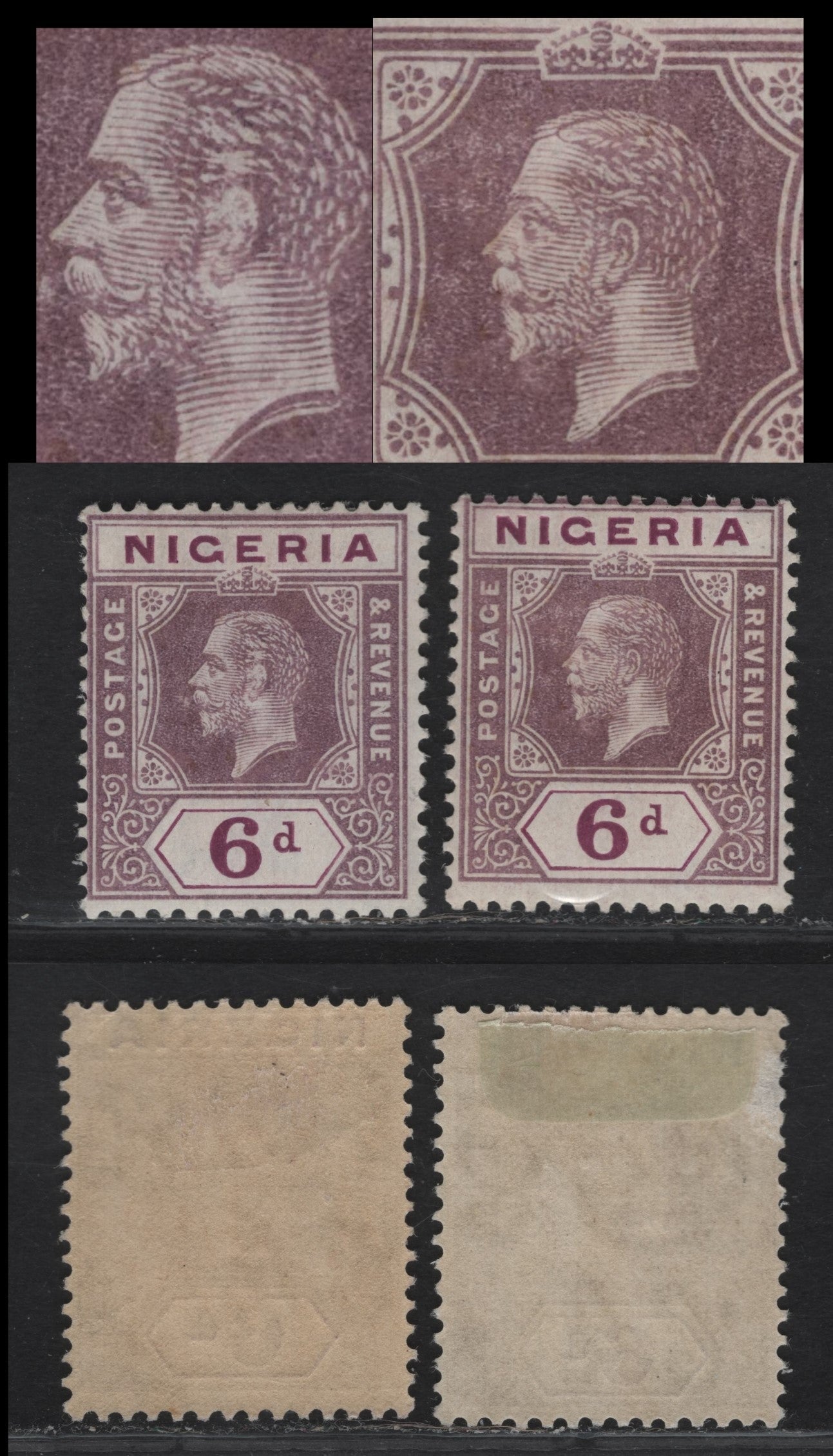 Lot 215 Nigeria SG#25 6d Deep bright Purple & Dull Purple King George V, 1921-1932 KGV Imperium Keyplate Issue, Wmk Multiple Script CA, 2 FOG Singles, Die 1, Deformed Ear On The King, Normal For Comparison, Unlisted.