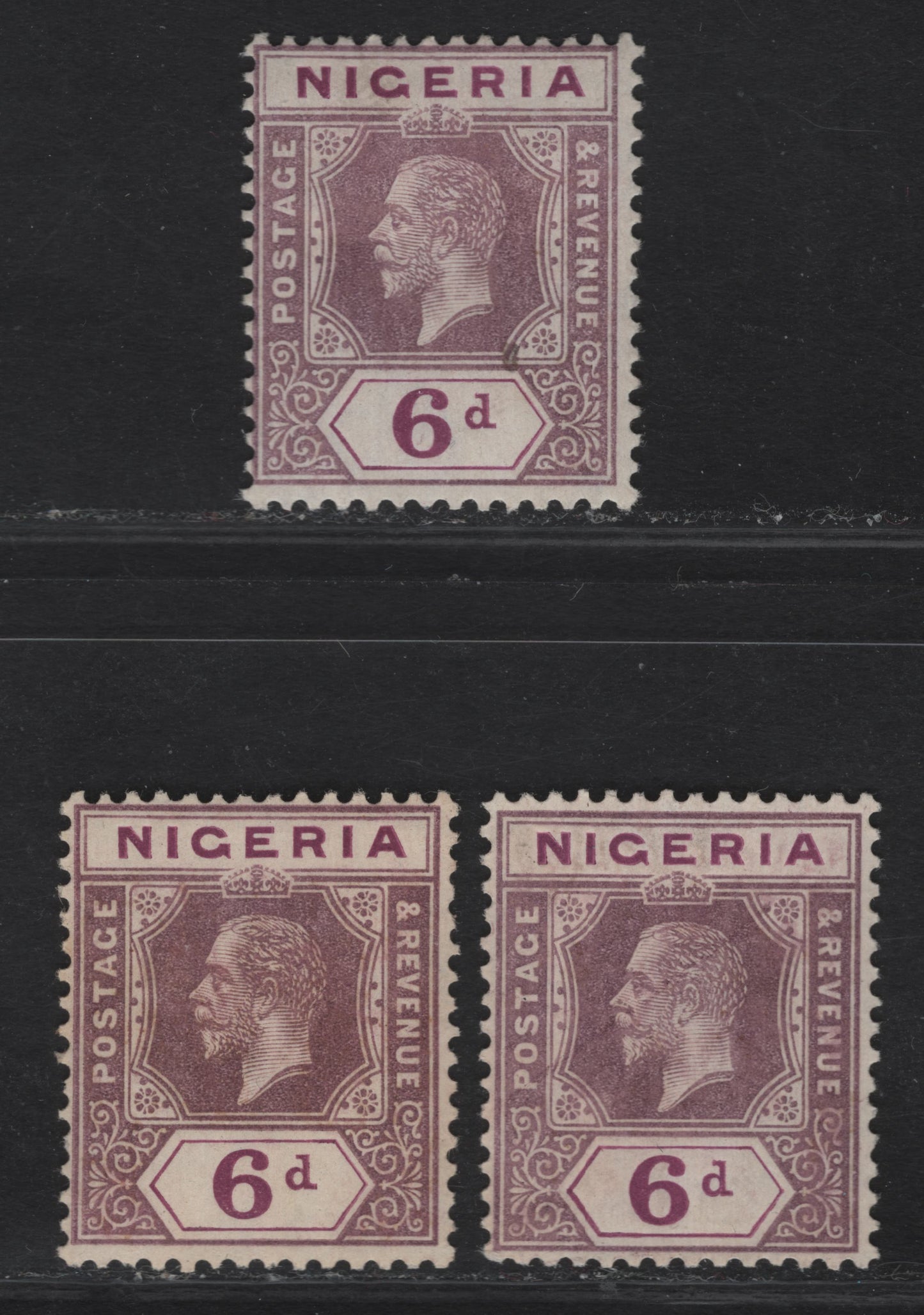 Lot 216 Nigeria SG#25 6d Deep Bright Purple & Pale Dull Purple - Deep Bright Purple & Deep Dull Brownish Purple King George V, 1921-1932 KGV Imperium Keyplate Issue, Wmk Multiple Script CA, 2 F/VFOG Singles, Die 1