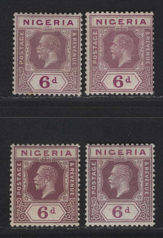 Lot 217 Nigeria SG#25 6d Bright Purple & Pale Reddish Purple - Pale Bright Purple & Deep Dull Brownish Purple King George V, 1921-1932 KGV Imperium Keyplate Issue, Wmk Multiple Script CA, 4 F/VFOG Singles, Dies 1 & 2