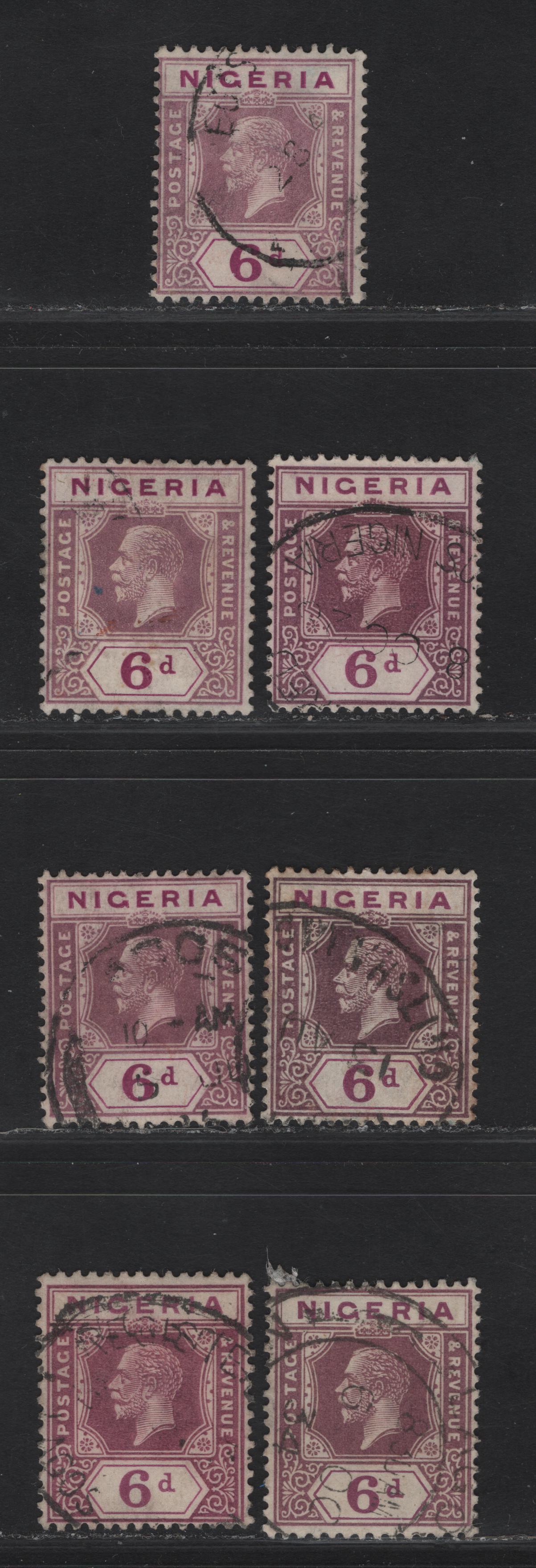 Lot 220 Nigeria SG#25a 6d Dull Purple & Pale Milky Purple - Purple & pale Reddish Purple King George V, 1921-1932 KGV Imperium Keyplate Issue, Wmk Multiple Script CA, 7 Fine/Very Fine Used Singles, Various Shades , All Die 2