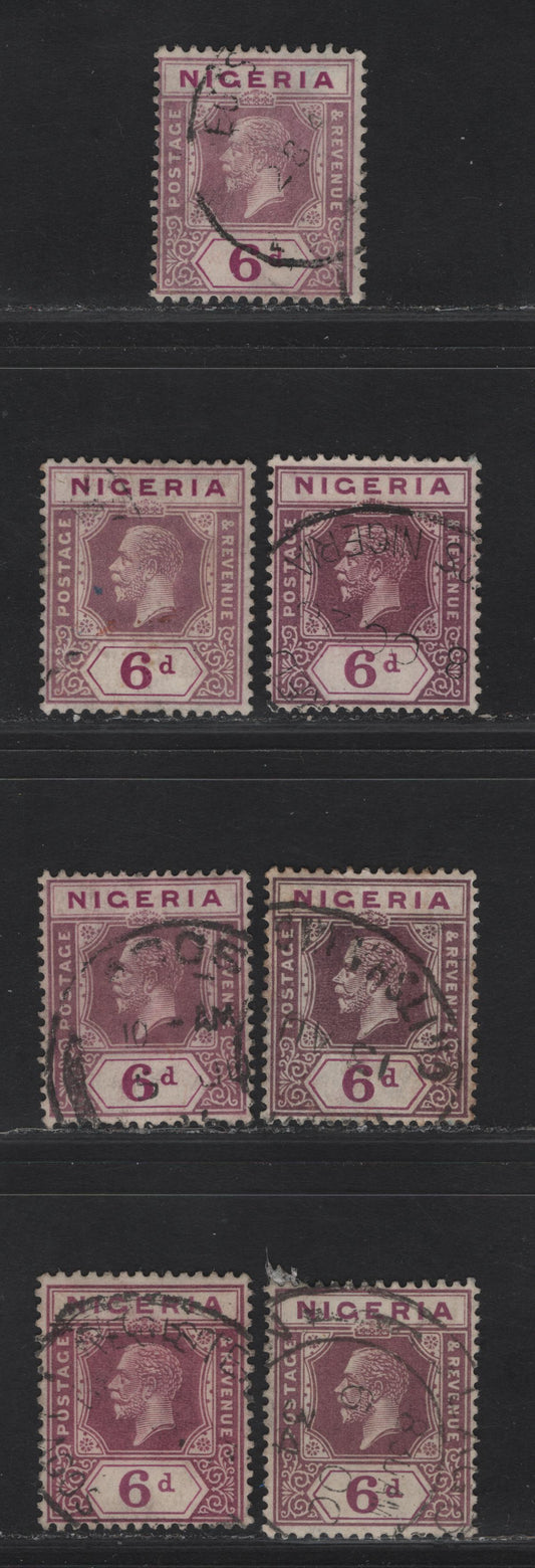 Nigeria SG#25a 6d Dull Purple & Pale Milky Purple - Purple & pale Reddish Purple King George V, 1921-1932 KGV Imperium Keyplate Issue, Wmk Multiple Script CA, 7 Fine/Very Fine Used Singles, Various Shades , All Die 2