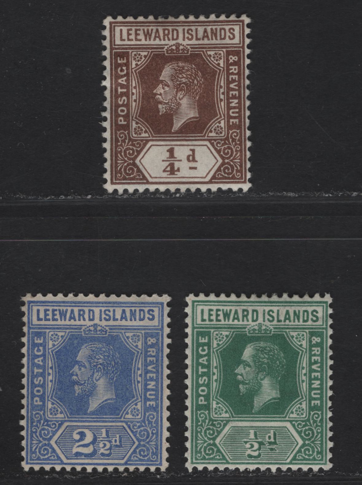 Lot 22 (C) Leeward Islands #46, 47a, 50 1/4d Brown, 1/2d Deep Green, 2 1/2d Bright Blue, 1912-1922 King George V Imperial Keyplate Issue, Wmk Multiple Crown CA, 3 VFOG Singles All Die 1