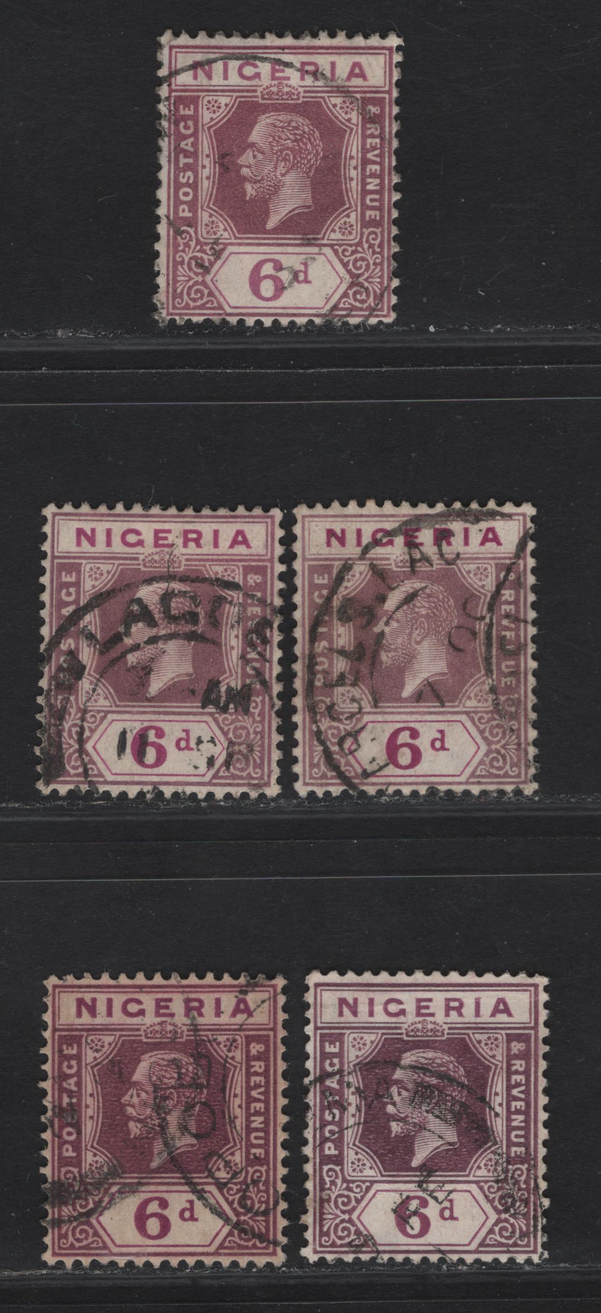 Lot 221 Nigeria SG#25a 6d Pale Purple & Pale Reddish Purple - Bright Purple & Reddish Plum King George V, 1921-1932 KGV Imperium Keyplate Issue, Wmk Multiple Script CA, 5 Fine/Very Fine Used Singles, Various Shades , All Die 2