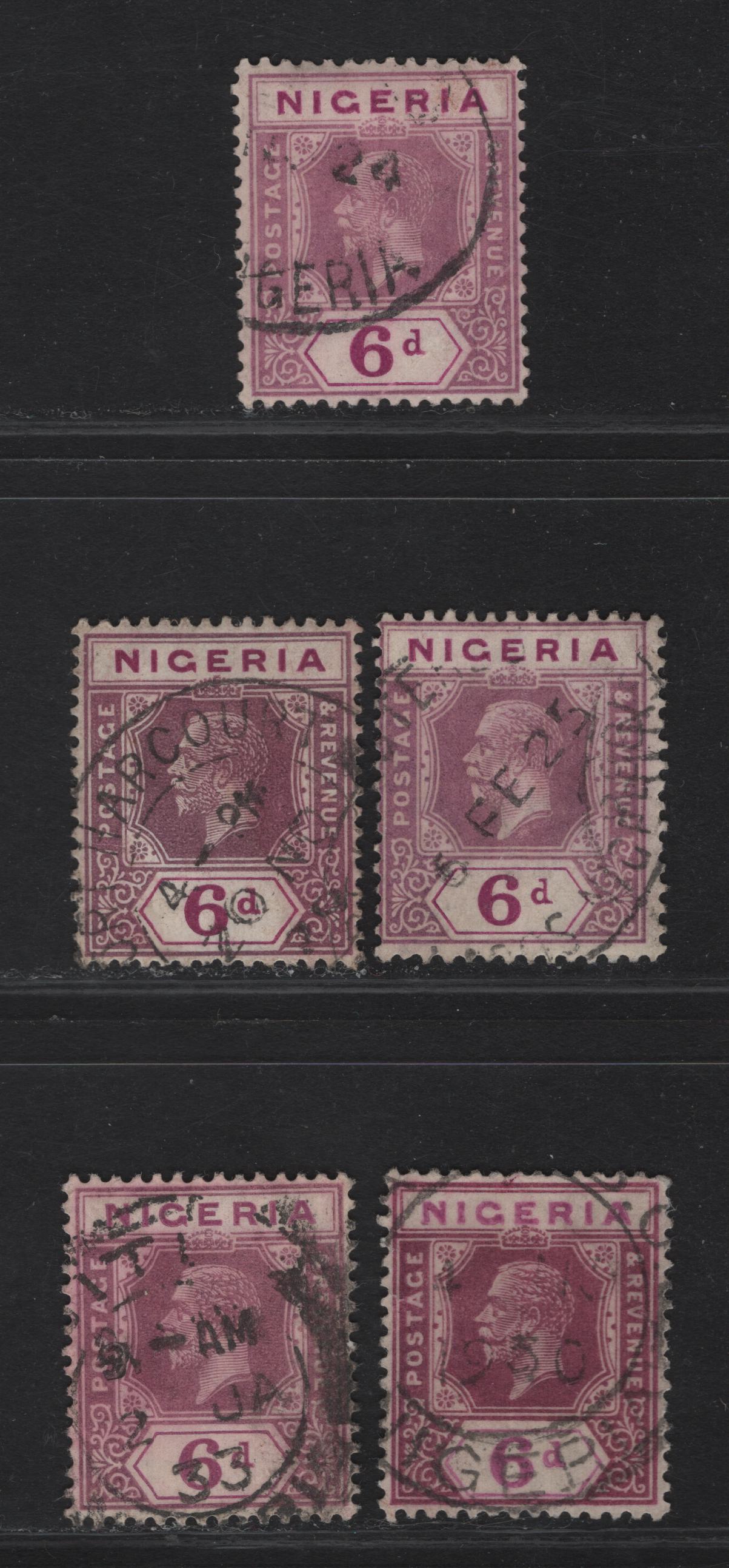 Nigeria SG#25a 6d Bright Pruple & Pale Milky Purple - Bright Purple & Plum King George V, 1921-1932 KGV Imperium Keyplate Issue, Wmk Multiple Script CA, 5 Fine/Very Fine Used Singles, Die 2, Dated Used Examples With Various Dates
