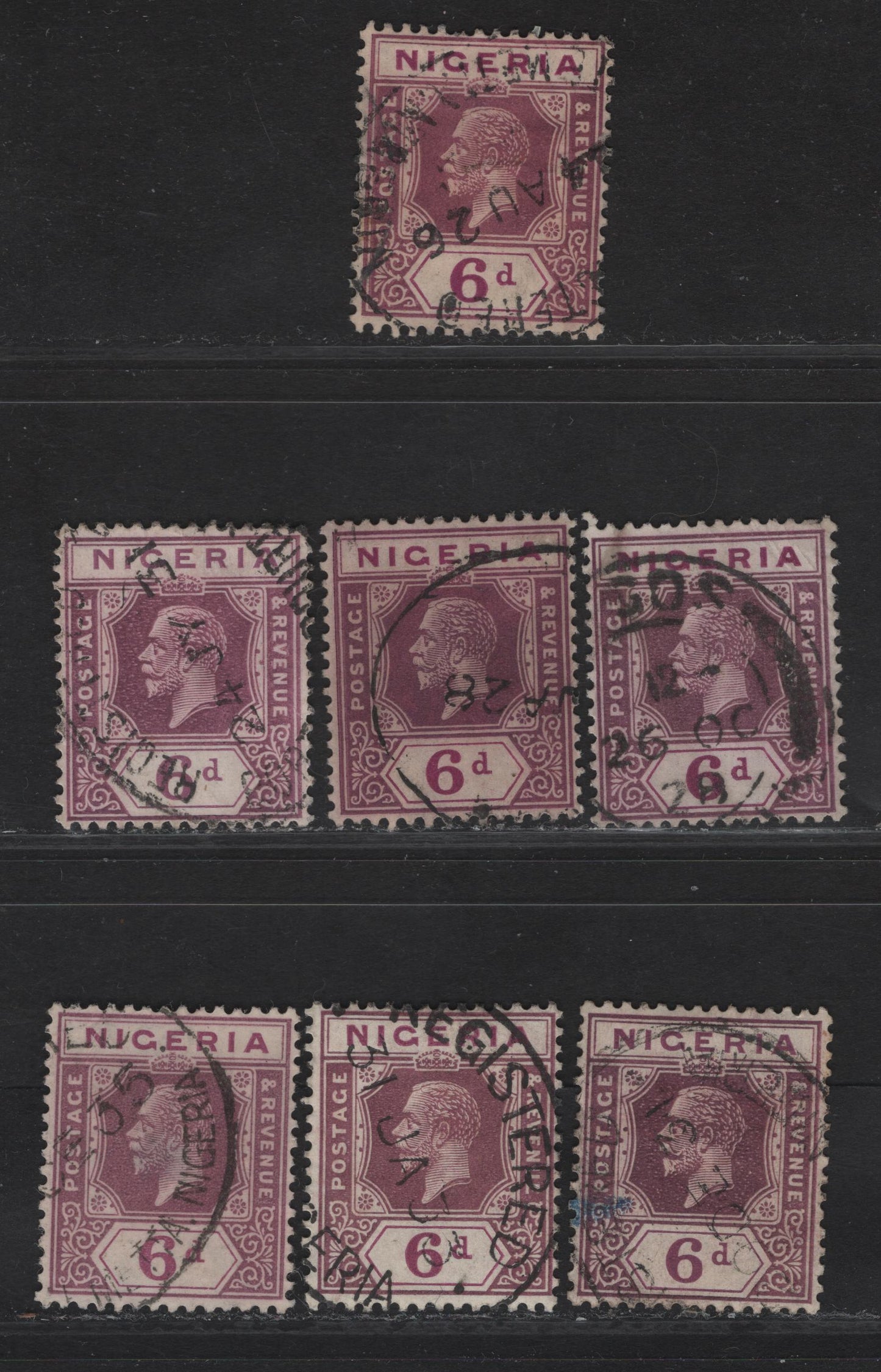 Lot 223 Nigeria SG#25a 6d Bright Purple & Purple/Plum King George V, 1921-1932 KGV Imperium Keyplate Issue, Wmk Multiple Script CA, 7 Fine/Very Fine Used Singles, Die 2, Different Combinations of Head & Duty Plate Shades & Different Dated Cancels