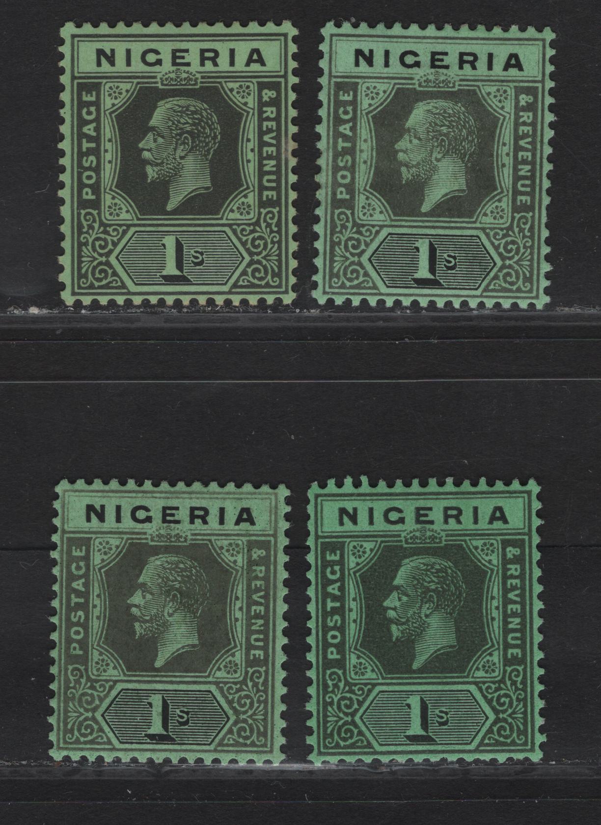 Lot 224 Nigeria SG#26 1/- Deep Gray & Black - Gray & Black King George V, 1921-1932 KGV Imperium Keyplate Issue, Wmk Multiple Script CA, 4 F/VFOG Singles, Die 2, Special Chalk Surfaced Granite Paper, Various Shades.