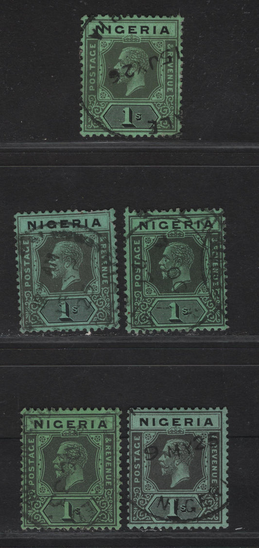 Lot 225 Nigeria SG#26 1/- Gray & Black - Deep Gray & Black King George V, 1921-1932 KGV Imperium Keyplate Issue, Wmk Multiple Script CA, 5 Fine/Very Fine Used Singles, Dated Cancels Including 1925-1927 & 1933, Various Shades & Papers