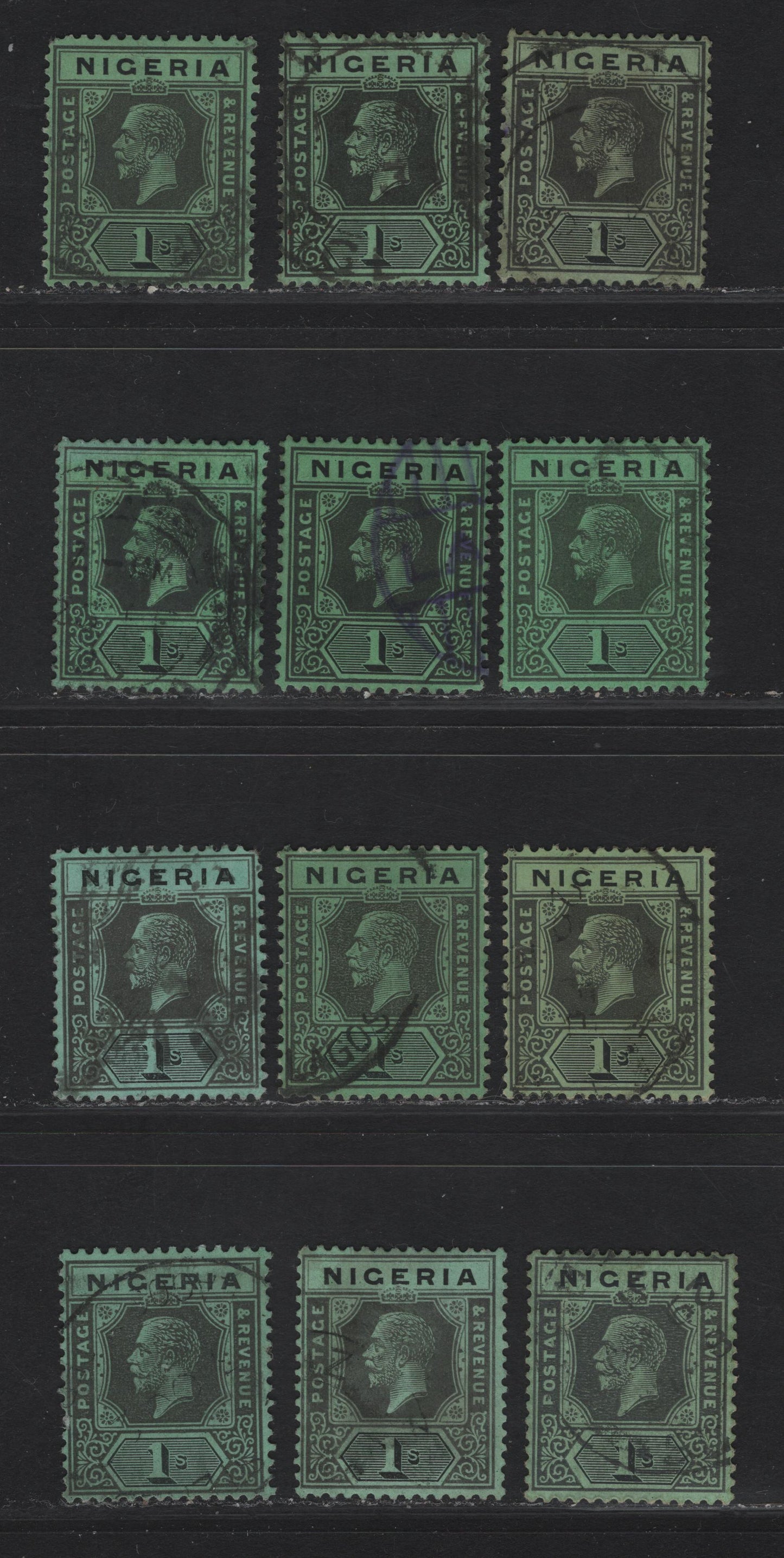 Lot 226 Nigeria SG#26 1/- Deep Gray & Black King George V, 1921-1932 KGV Imperium Keyplate Issue, Wmk Multiple Script CA, 12 Fine/Very Fine Used Singles, Various Shades & Papers
