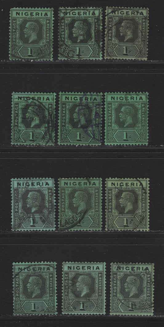 Lot 226 Nigeria SG#26 1/- Deep Gray & Black King George V, 1921-1932 KGV Imperium Keyplate Issue, Wmk Multiple Script CA, 12 Fine/Very Fine Used Singles, Various Shades & Papers