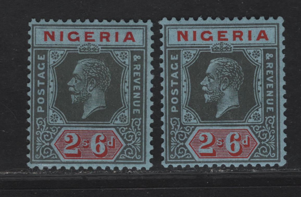 Lot 227 Nigeria SG#27 2/6 Deep Gray & Carmine Red - Deep Gray & Red King George V, 1921-1932 KGV Imperium Keyplate Issue, Wmk Multiple Script CA, 2 F/VFNH Singles Die 2, Gray Blue & Blue Gray Papers,