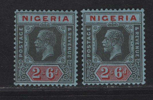 Lot 227 Nigeria SG#27 2/6 Deep Gray & Carmine Red - Deep Gray & Red King George V, 1921-1932 KGV Imperium Keyplate Issue, Wmk Multiple Script CA, 2 F/VFNH Singles Die 2, Gray Blue & Blue Gray Papers,