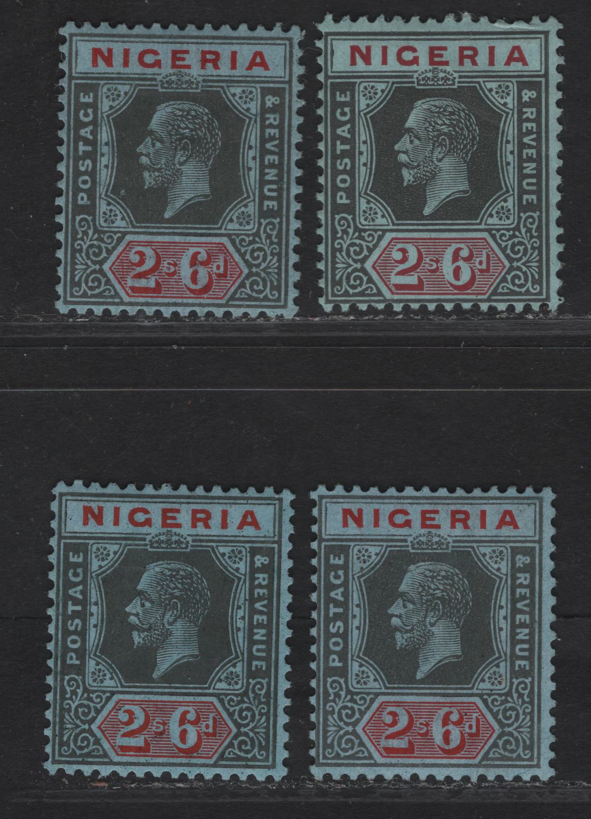 Lot 229 Nigeria SG#27 2/6 Deep Gray & Carmine - Deep Gray & Bright Red King George V, 1921-1932 KGV Imperium Keyplate Issue, Wmk Multiple Script CA, 4 F/VFOG Singles, Gray Blue Paper, Die 2