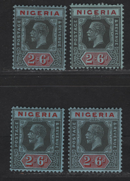 Lot 229 Nigeria SG#27 2/6 Deep Gray & Carmine - Deep Gray & Bright Red King George V, 1921-1932 KGV Imperium Keyplate Issue, Wmk Multiple Script CA, 4 F/VFOG Singles, Gray Blue Paper, Die 2