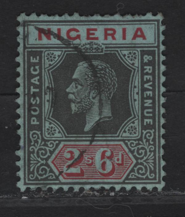 Lot 230 Nigeria SG#27 2/6 Gray Black & Carmine King George V, 1921-1932 KGV Imperium Keyplate Issue, Wmk Multiple Script CA, A Fine Used Single, Gray Blue Paper, Die 1, Postally Used, VF Centered But Several Short Perfs.