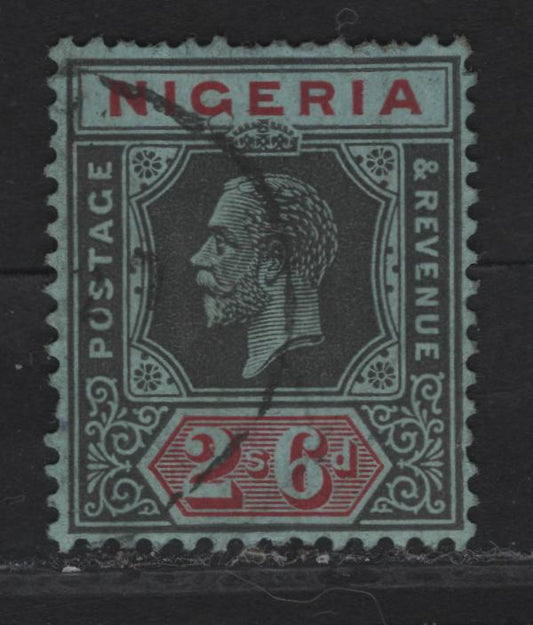 Lot 230 Nigeria SG#27 2/6 Gray Black & Carmine King George V, 1921-1932 KGV Imperium Keyplate Issue, Wmk Multiple Script CA, A Fine Used Single, Gray Blue Paper, Die 1, Postally Used, VF Centered But Several Short Perfs.
