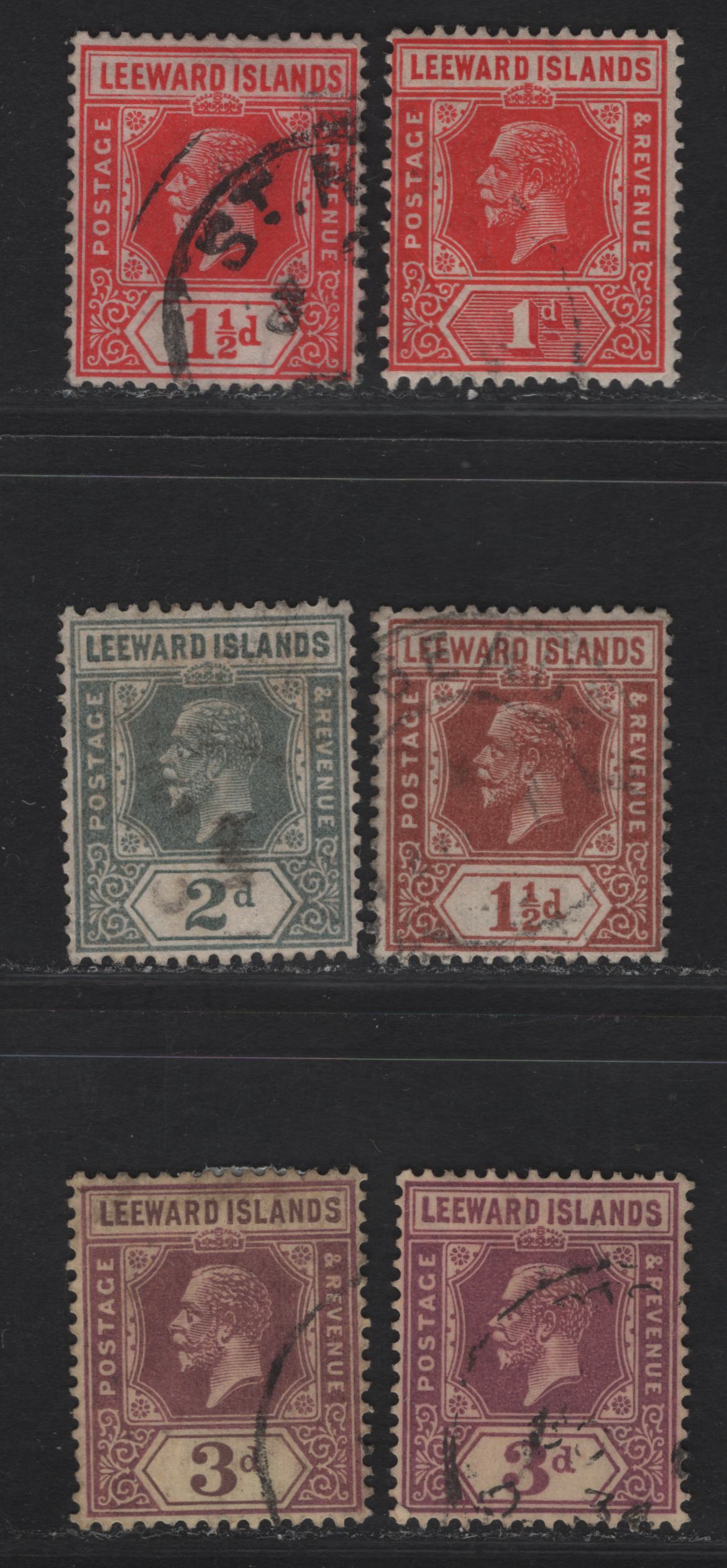 Lot 23 Leeward Islands #62-65, 69 1d Red, 1 1/2d Carmine Red, 1 1/2d Red Brown, 2d Slate Grey, 3d Purple On Yellow & 3d Bright Purple On Pale Yellow, 1921-1932 King George V Imperium Keyplate Issue, Wmk Script CA, 6 F & VF Used Singles