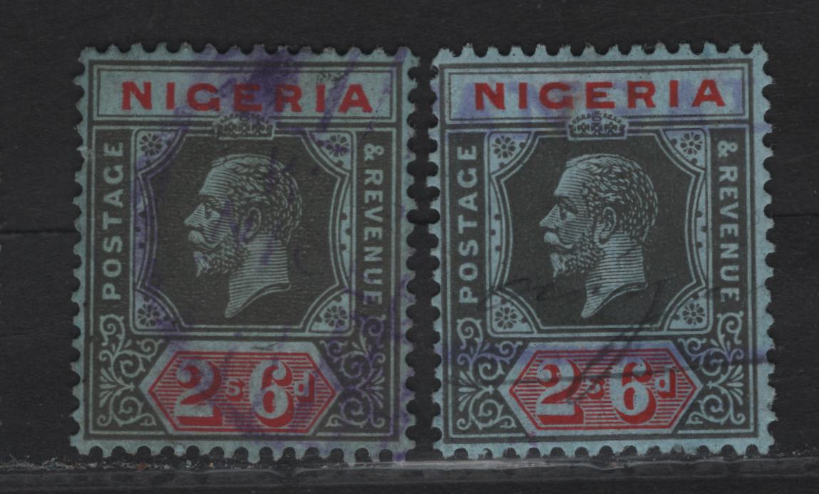 Lot 231 Nigeria SG#27 2/6 Deep Gray & Carmine - Deep Brownish Gray & Red King George V, 1921-1932 KGV Imperium Keyplate Issue, Wmk Multiple Script CA, 2 Very Fine Used Singles, Gray Blue Paper, Die 2