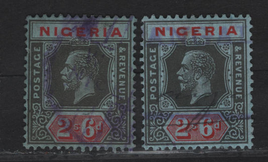 Lot 231 Nigeria SG#27 2/6 Deep Gray & Carmine - Deep Brownish Gray & Red King George V, 1921-1932 KGV Imperium Keyplate Issue, Wmk Multiple Script CA, 2 Very Fine Used Singles, Gray Blue Paper, Die 2