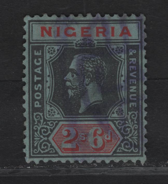 Lot 232 Nigeria SG#27 2/6 Deep Gray & Bright Red King George V, 1921-1932 KGV Imperium Keyplate Issue, Wmk Multiple Script CA, A Very Fine Used Single, Gray Blue Paper, Die 2, Postally Used With Moderate Parcel Cancel.