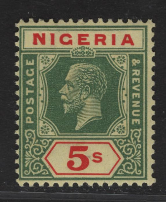 Lot 237 Nigeria SG#28 5/- Green & Deep Red King George V, 1921-1932 KGV Imperium Keyplate Issue, Wmk Multiple Script CA, A Very Fine Unused Single, Pale Yellow Paper, Die 2