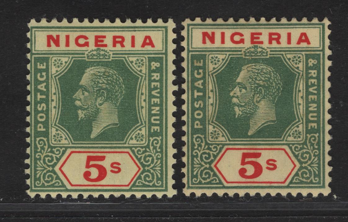 Lot 238 Nigeria SG#28 5/- Green & Deep Red King George V, 1921-1932 KGV Imperium Keyplate Issue, Wmk Multiple Script CA, 2 F/VFOG Singles, Pale Yellow Paper With Lemon & Yellow Back, Die 2