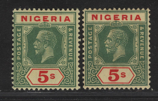 Lot 238 Nigeria SG#28 5/- Green & Deep Red King George V, 1921-1932 KGV Imperium Keyplate Issue, Wmk Multiple Script CA, 2 F/VFOG Singles, Pale Yellow Paper With Lemon & Yellow Back, Die 2