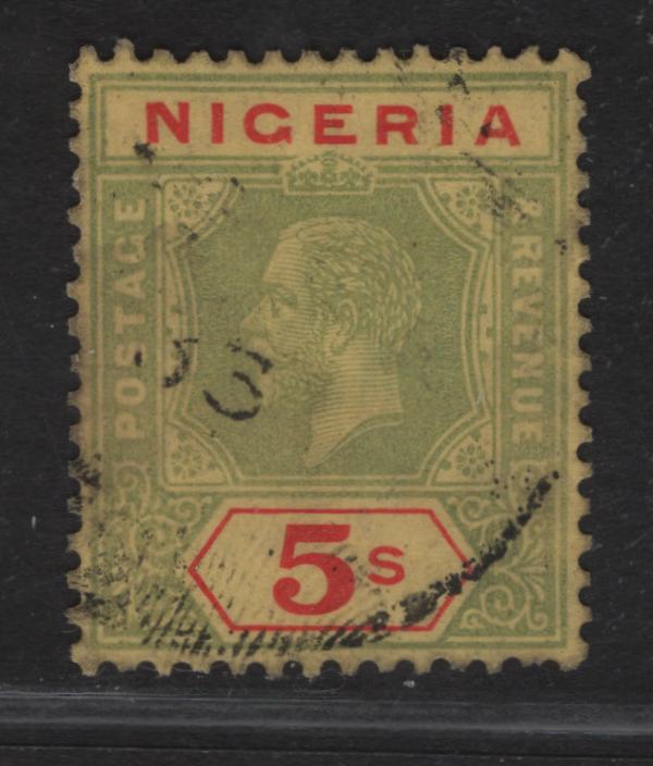 Lot 240 Nigeria SG#28a 5/- Pale Yellow Green & Red King George V, 1921-1932 KGV Imperium Keyplate Issue, Wmk Multiple Script CA, A Very Good Used Single Yellow Paper With Yellow Buff Back, Die 1,