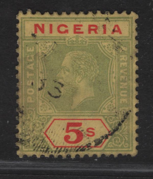 Lot 240 Nigeria SG#28a 5/- Pale Yellow Green & Red King George V, 1921-1932 KGV Imperium Keyplate Issue, Wmk Multiple Script CA, A Very Good Used Single Yellow Paper With Yellow Buff Back, Die 1,