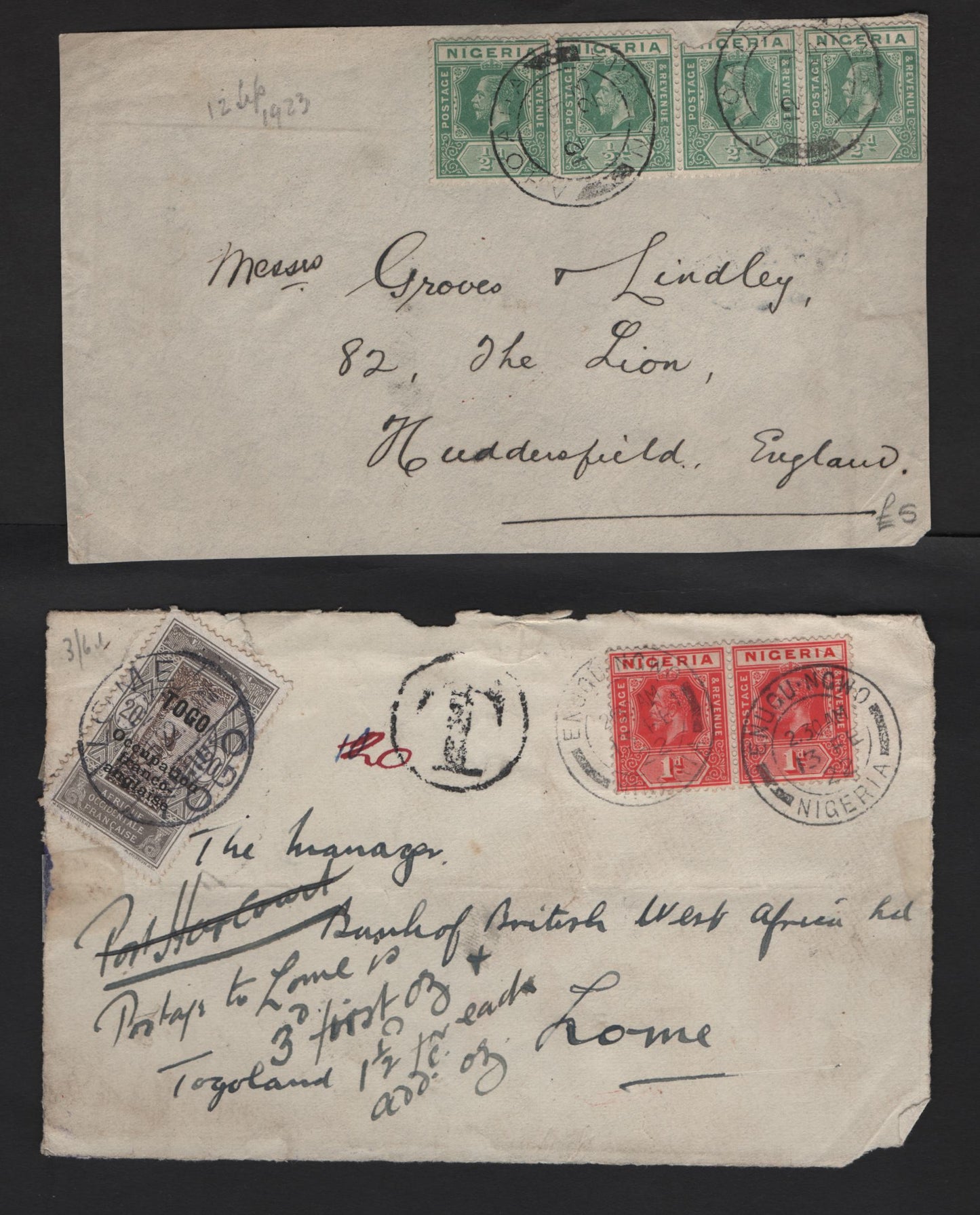 Lot 241 Nigeria #15, 2 1/2d Green & 1d Carmine Red, 1914-1929 King George V Imperium Keyplate Issue, Usage On 2 Cover Fronts, One Postage Due, Ahoada and Enugu-Ngwo Cancels