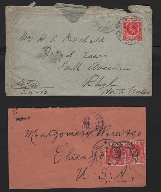 Lot 243 Nigeria #2a 1d Scarlet, 1914-1929 King George V Imperium Keyplate Issue, Usage Two Covers To USA & UK