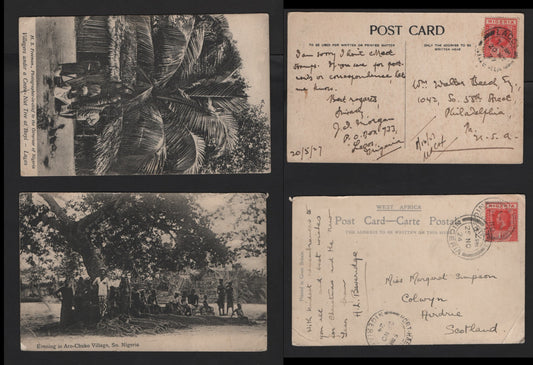 Lot 247 Nigeria #16, 16b 1d Rose-Red, 1914-1929 King George V Imperium Keyplate Issue, Usage On 2 Postcards to USA & UK