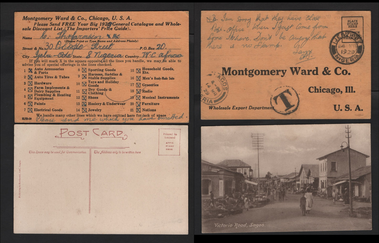 Lot 248 Nigeria Mint Postcard of Victoria Road in Lagos & Used Montgomery Ward Business Reply Card