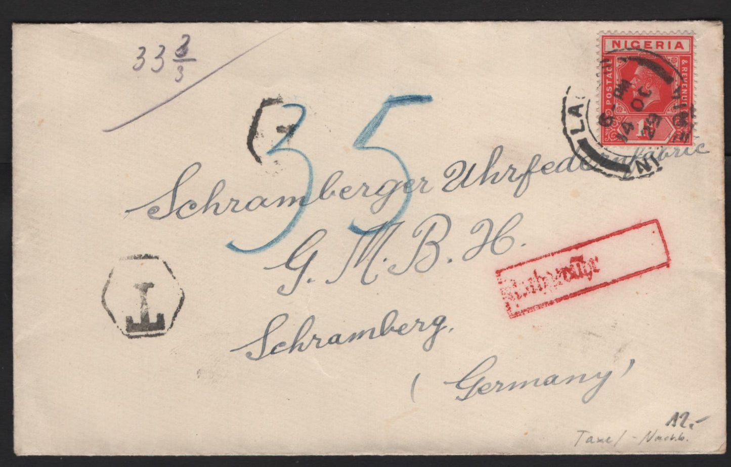 Lot 249 Nigeria #16b 1d Deep Red, 1914-1929 King George V Imperium Keyplate Issue, Usage Postage Due Cover To Germany