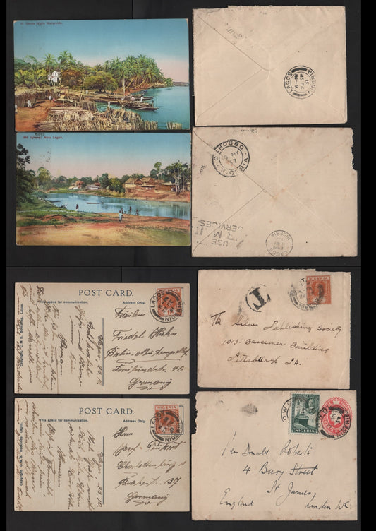 Lot 250 Nigeria #17, 34 1/2d Deep Green & 1.5d Orange, 1914-1929 King George V Imperium Keyplate & 1936 Pictorial Issues, Usage On 2 Postcards, Postage Due Cover & Stamped Envelope