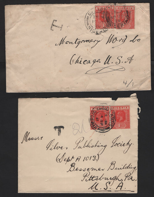 Lot 253 Nigeria #16b 1d Deep Red & Rose Red 1914-1929 King George V Imperium Keyplate Issue, Usage On Two Postage Due Covers To The US