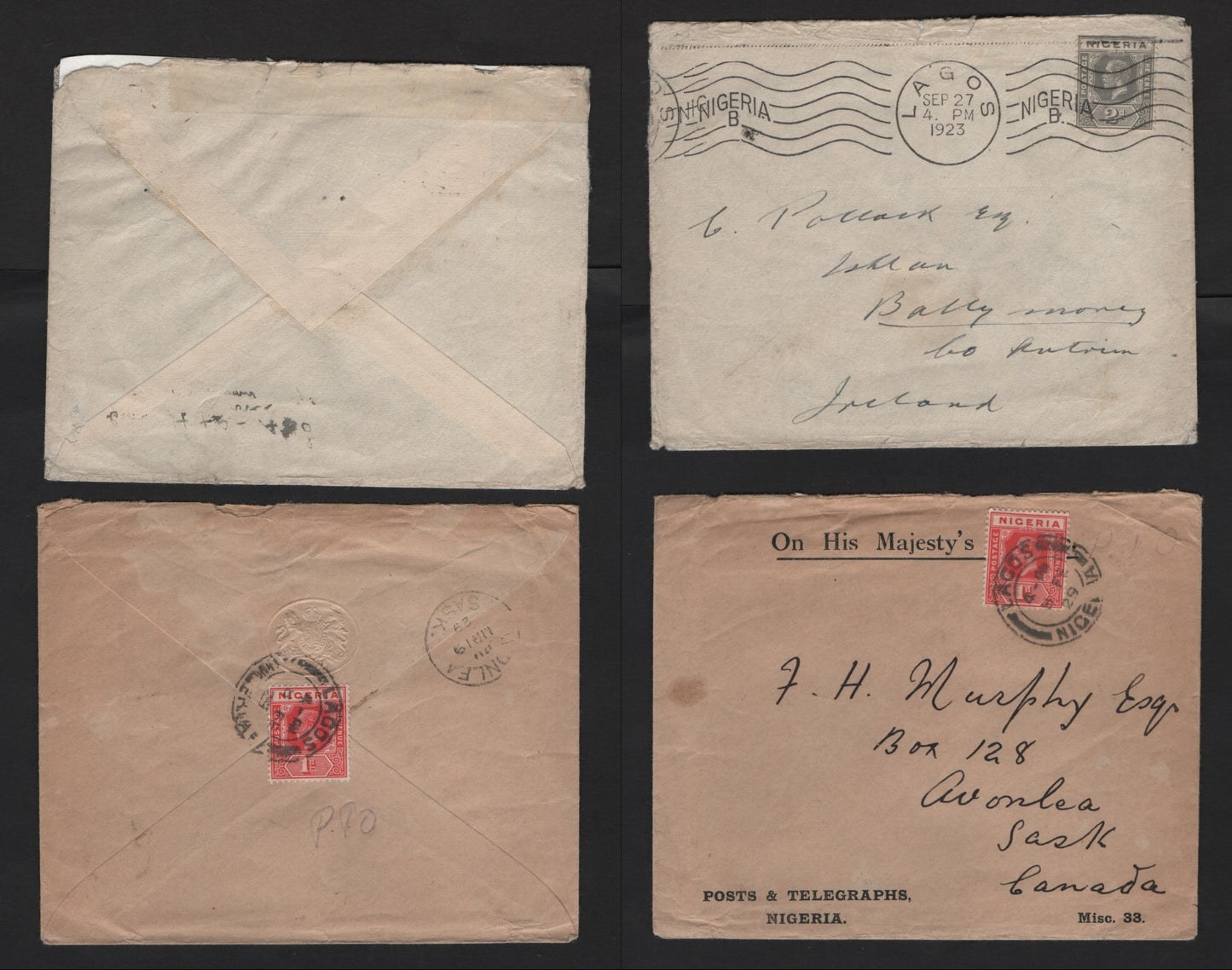 Lot 254 Nigeria #16b, 18var 1d Rose Red, 2d Grey 1914-1929 King George V Imperium Keyplate Issue, Usage On Two Covers To Canada & Ireland