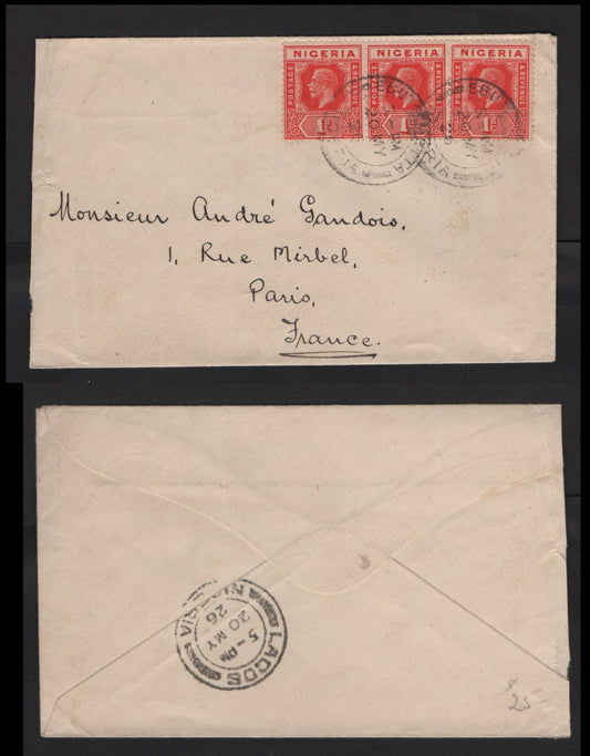 Lot 255 Nigeria #16b, 1d Deep Red 1921-1932 King George V Imperium Keyplate Issue, Usage On 1926 Cover To France