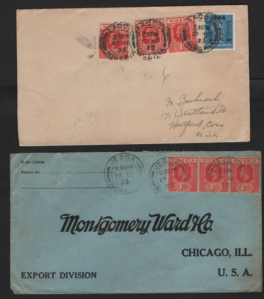 Lot 256 Nigeria #16, 16b, 1d Deep Red & Rose Red 1921-1932 King George V Imperium Keyplate Issue, Usage On 1923 & 1935 Covers To USA