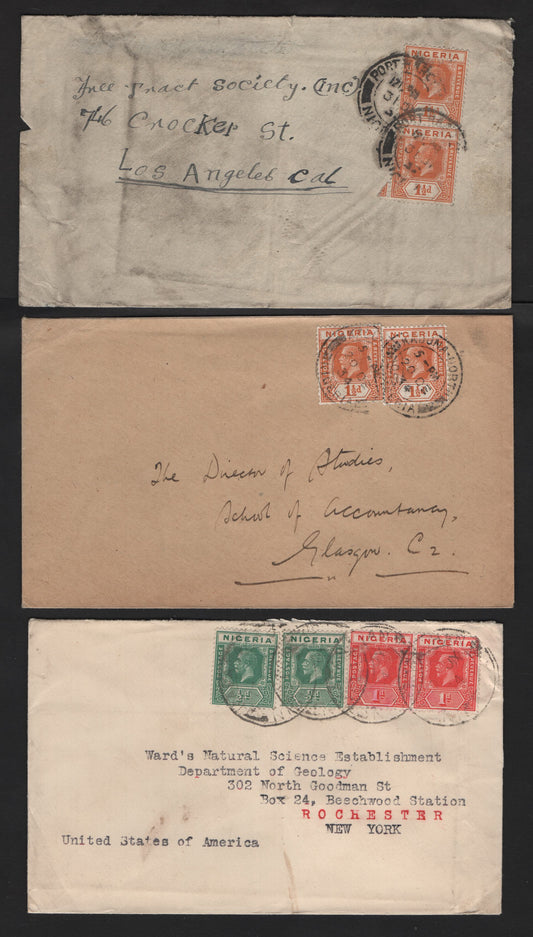 Lot 257 Nigeria #15b, 16b, 17, 1/2d Green, 1d Rose Red & 1.5d Orange 1921-1932 King George V Imperium Keyplate Issue, Usage On Covers to USA & UK