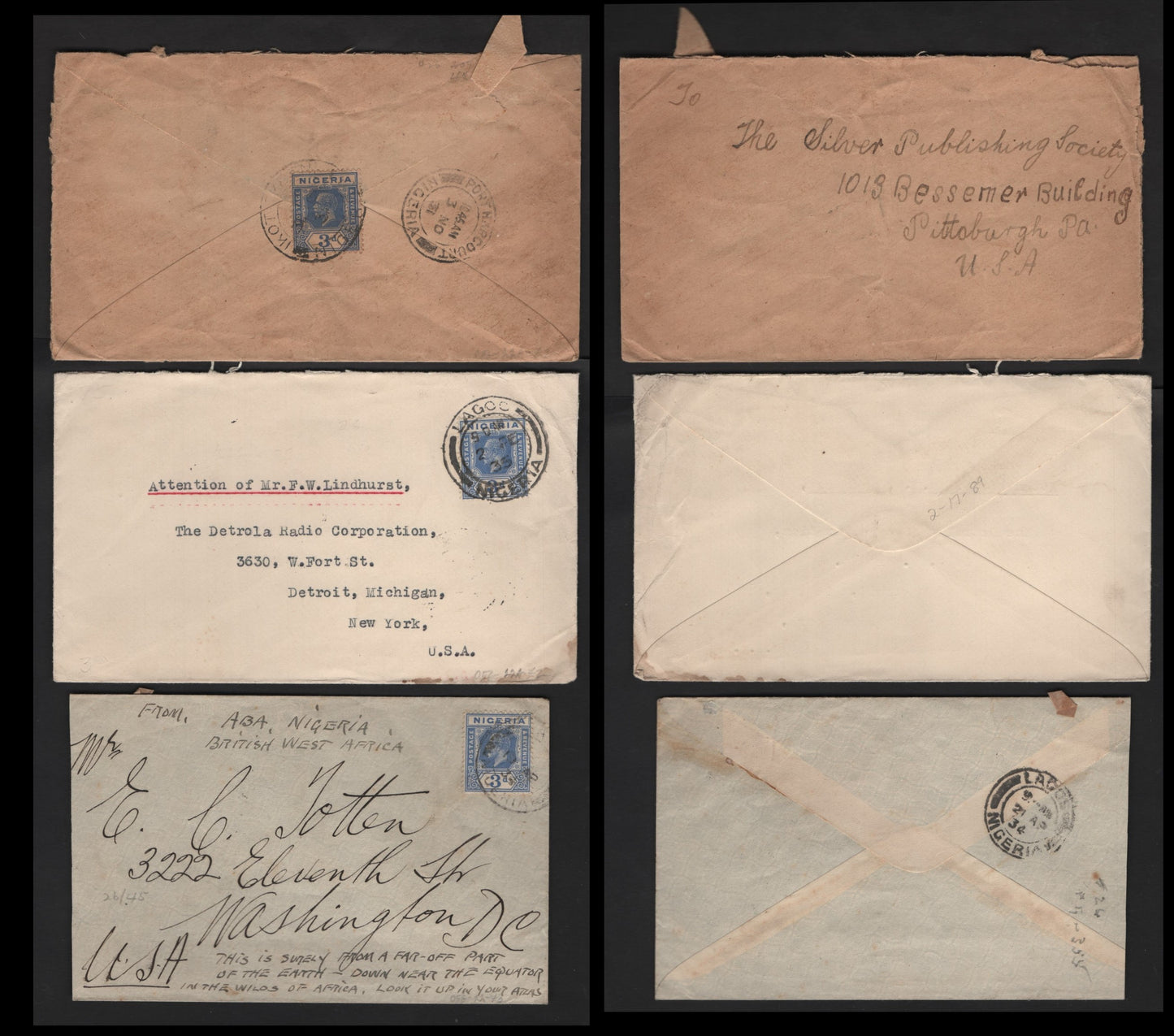 Lot 258 Nigeria #23, 3d Blue & Dull Blue 1921-1932 King George V Imperium Keyplate Issue, Usage On 3 Covers To USA