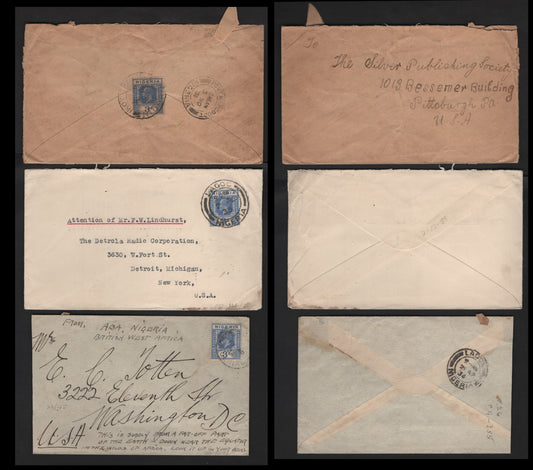 Lot 258 Nigeria #23, 3d Blue & Dull Blue 1921-1932 King George V Imperium Keyplate Issue, Usage On 3 Covers To USA
