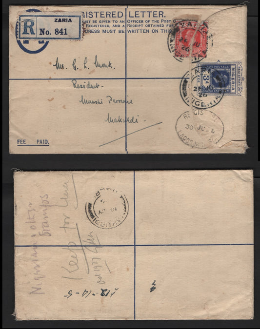 Lot 259 Nigeria #16b 1d Rose Red 1921-1932 King George V Imperium Keyplate Issue, Usage On Registered Local Cover To Makurdi