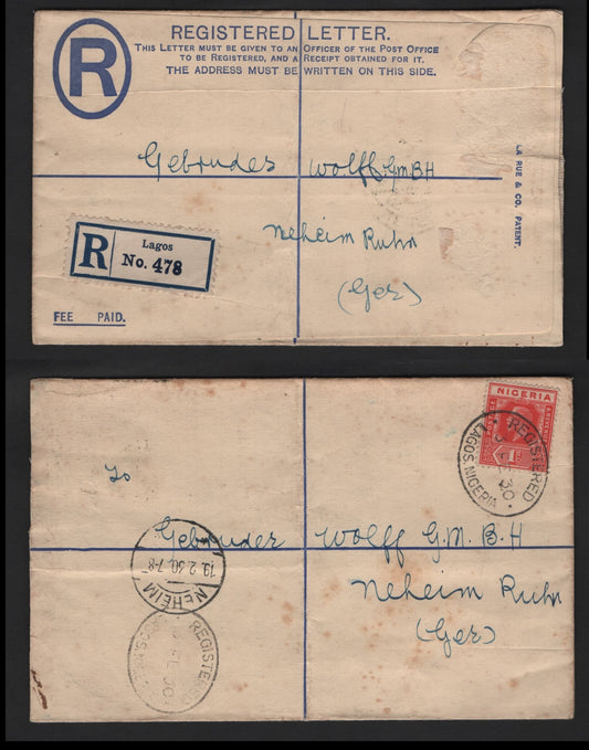 Lot 260 Nigeria #16b 1d Deep Rose Red 1921-1932 King George V Imperium Keyplate Issue, Usage On Registered Cover To Germany