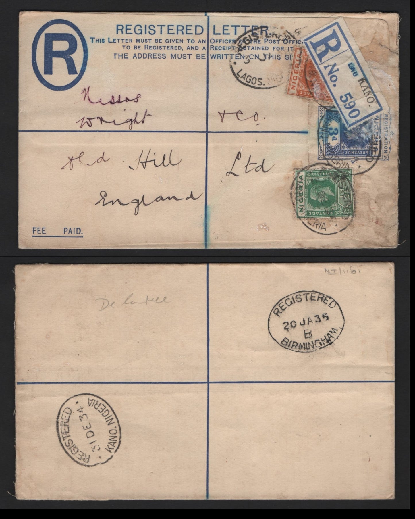 Lot 263 Nigeria #15b, 17 1/2d Green & 1.5d Orange 1921-1932 King George V Imperium Keyplate Issue, Usage A 1934 Registered Cover To UK